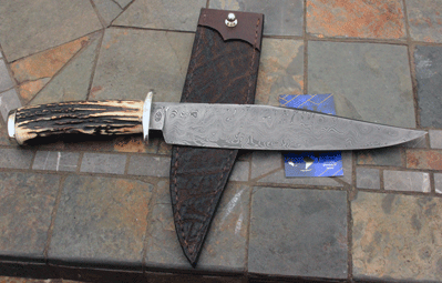 Bill Miller Large Damascus Bowie Fighter w/ Sambar Stag