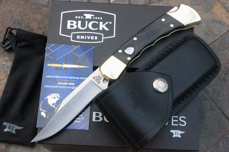 Buck 110 Auto Folding Hunter Classic 420HC Clip Point Blade & Genuine Ebony  Handle w/ Brass Bolsters & Leather Sheath