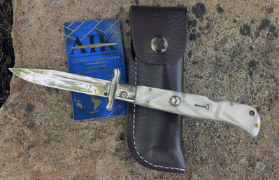 AKC Italian 9\" Swing Guard Switchblade w/ White Perlex