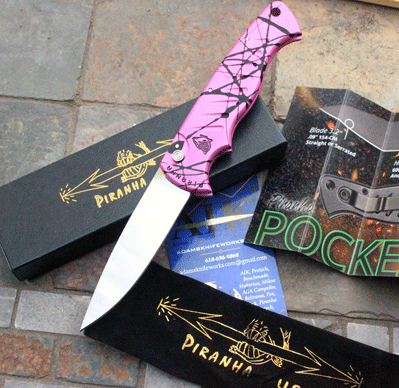 Piranha Knives Pocket Model w/Pink Frame & Mirror Blade