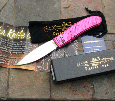 Piranha Knives TOXIN Auto w/ Pink Vein Ribbed Handles & 154-CM