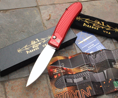 Piranha Knives Special Red TOXIN Auto w/ Ribbed Handles & 154-CM