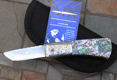 AA Sanders Handmade DAMASCUS Scale Release Auto w/ Abalone