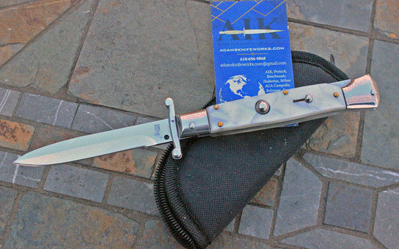 AKC 9" Swing Guard Switchblade w/ White Perlex & Clip