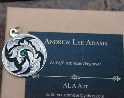Handmade Engraved Nickel Silver Pendant w/ Emerald Stone Inset