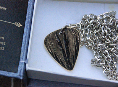 Handmade Engraved Bronze Guitar Pick Pendant by Andrew Adams