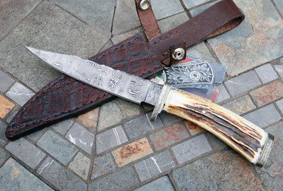 Hand Engraved & File Worked DAMASCUS Tenn Ridge Bowie w/Stag