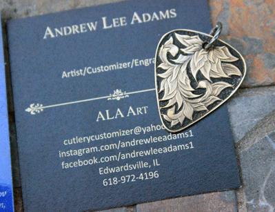 Handmade Engraved Bronze Guitar Pick Pendant by Andrew Adams