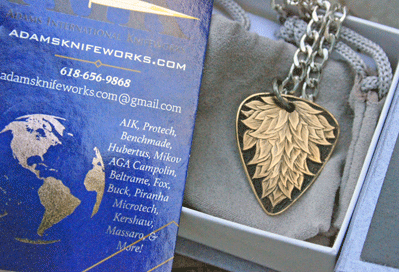 Handmade Engraved Bronze Guitar Pick Pendant by Andrew Adams
