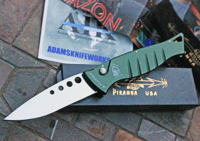 Piranha Knives Amazon Auto w/ Green Frame & Mirror Blade