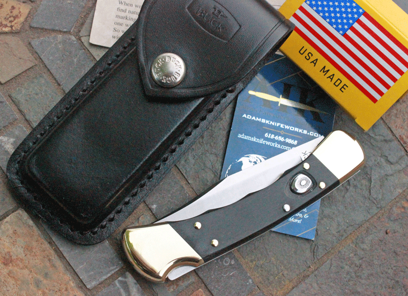 Buck FINGER GROOVED Folding Hunter 110 AUTOMATIC w/ Ebony Wood, Adams