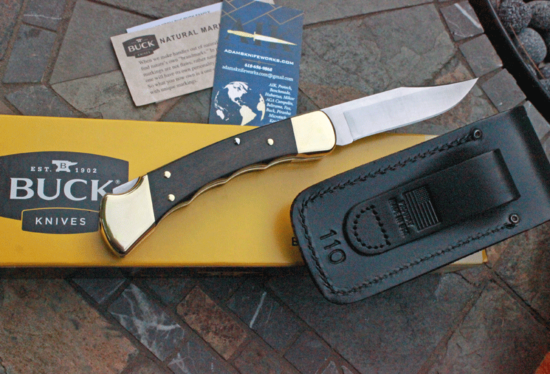 Buck FINGER GROOVED Folding Hunter 110 AUTOMATIC w/ Ebony Wood, Adams