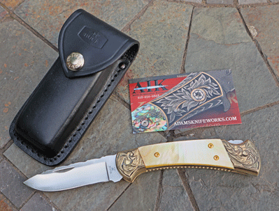 Hand Engraved & File Worked BUCK 112 Ranger  w/Gold Lip Pearl