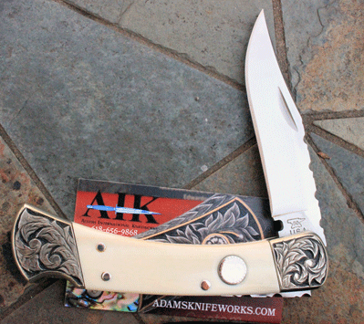 Hand Engraved AIK/Buck Folding Hunter D/A w/Giraffe Bone & More!
