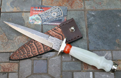Bill Miller Handmade D/E Damascus Dagger w/ONYX Stone & Amber