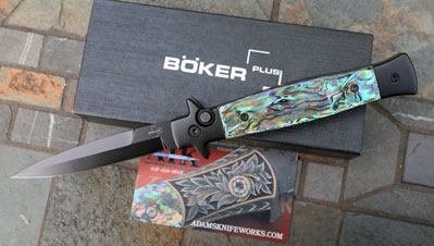 CUSTOM AIK / Boker Plus Black Tac Italian Stiletto w/ Paua Shell