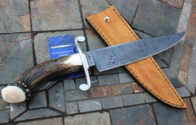Bill Miller Damascus S Guard Bowie/Fighter w/ Crown Stag
