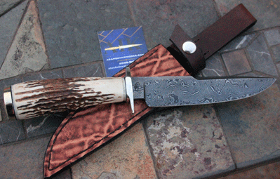 Bill Miller Damascus Bowie Skinner w/ Sambar Stag