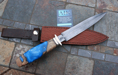 Bill Miller Handmade Damascus Dagger w/Maple & Blue Resin