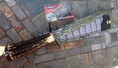 Bill Miller Handmade DAMASCUS Bayonet Dagger w/Amber Stag