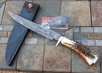 Bill Miller Handmade Mosaic Damascus Bowie/Fighter w/ Stag