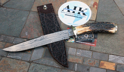 Bill Miller Handmade Ozark Toothpick 3 Bar Damascus Bowie w/Stag