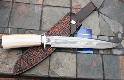 Bill Miller Handmade Damascus Bowie with Fossil Walrus Ivory