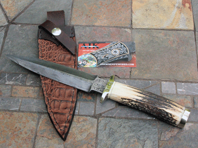 Bill Miller Handmade Damascus Tri Grind Dagger w/ Stag & Caiman
