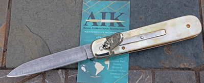 RARE Boker Solingen DAMASCUS Lever Action Auto w/ Gold Lip Pearl