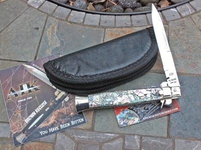 CUSTOM AIK BROWN RECLUSE Square Button Half Grind Bayo w/Abalone