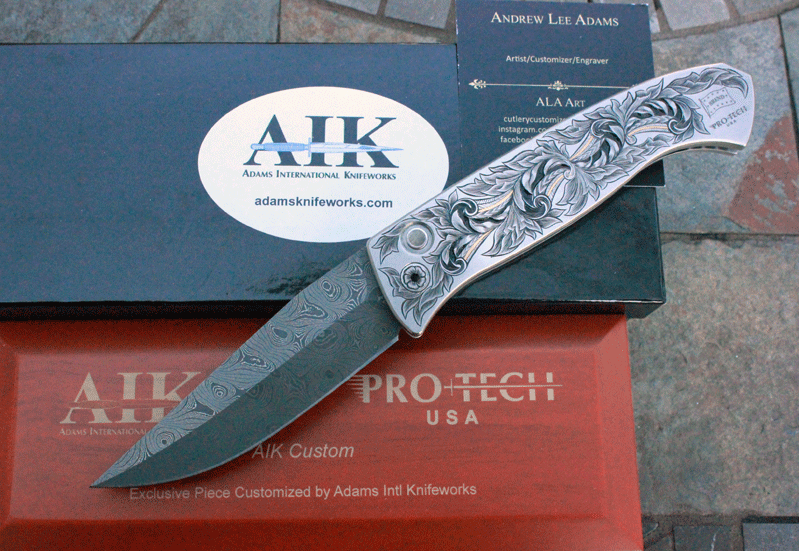 ultimate protech aik gold engraved brend 3 auto w damascus adams international knifeworks ultimate protech aik gold engraved