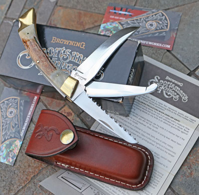 BROWNING 3 Blade Big Game Skinner Lockback w/Brass & STAG