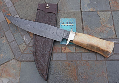 Bill Miller Handmade Large Damascus Bowie w/Fossil Walrus