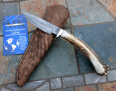 Bill Miller Damascus Small Game Skinner w/ Sambar Stag