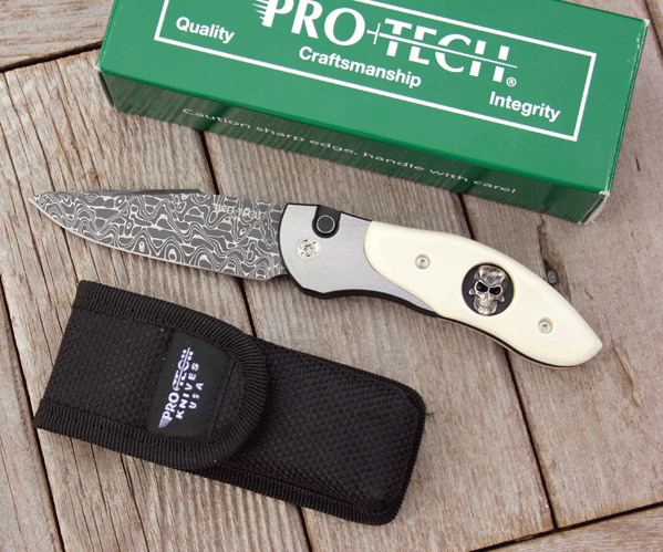 CUSTOM Protech STAINLESS FRAME DORU Skull w/ Ivory & DAMASCUS!