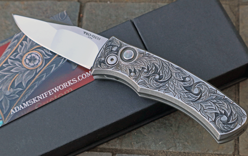 Hand Engraved Stainless Frame Protech Duke by Andrew Lee Adams
