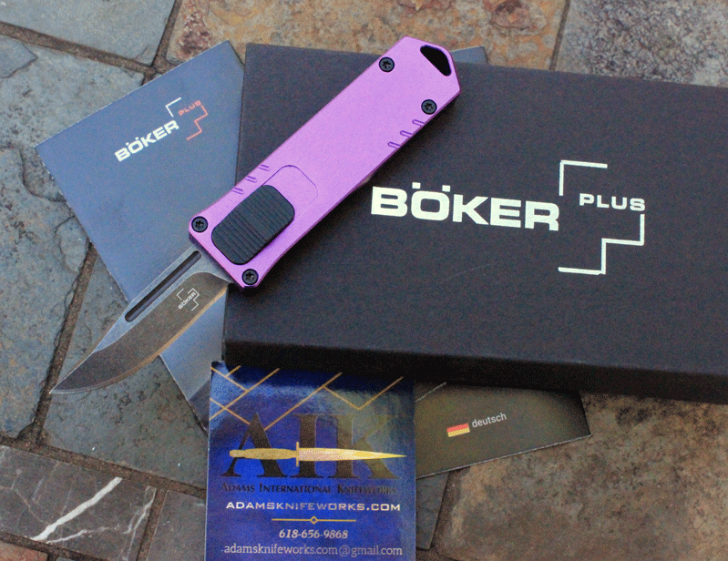 Boker Plus Purple USB OTF Auto Knife, Black Stonewash D2 Blade