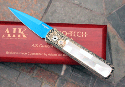 AIK HAND ENGRAVED Protech GODSON w/Pearl Inlay & Sapphire Blade