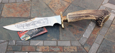 Vintage INDIANA Lepre Italy Deluxe Etched Bowie w/ Crown Stag