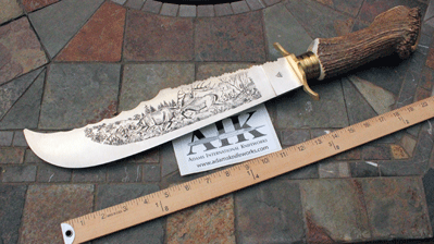 Vintage Indiana Lepre Bowie w/ Etched Blade & Crown Stag