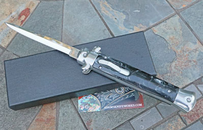 11" Italian Style Wide Frame Stiletto OTF w/Black Swirl Perlex