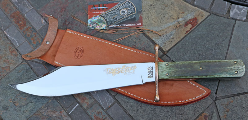 Vintage 1988 KABAR Gold Etched Bowie with Green Bone