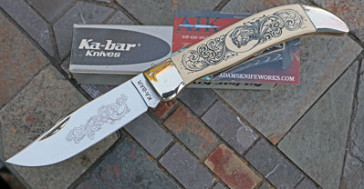 1988 KABAR GRIZZLY Scrimshaw Folding Hunter w/Imit Ivory