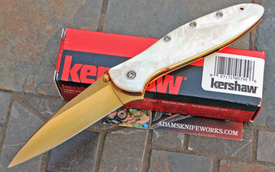 CUSTOM Kershaw/AIK Ltd GOLD Anodized LEEK w/White Wing Abalone