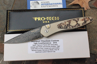 ULTIMATE Protech Titanium NEWPORT Auto w/ DAMASCUS & Tiger Coral