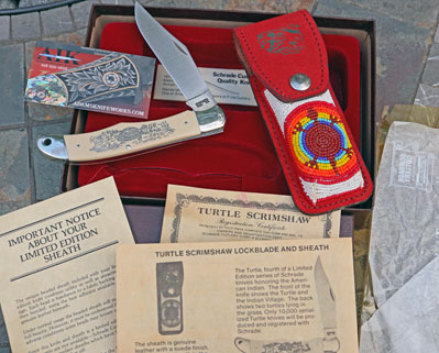 Vintage Schrade Scrimshaw Limited TURTLE Folding Hunter w/Sheath