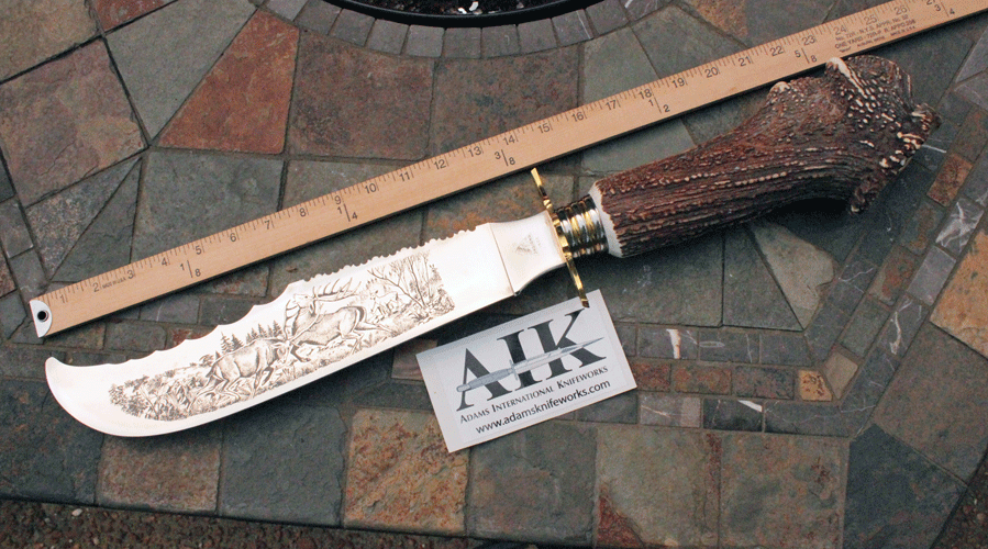 Vintage Indiana Lepre Bowie W Etched Blade Crown Stag Adams International Knifeworks