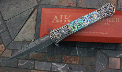 Protech/AIK GOLD ENGRAVED STAINLESS FRAME LARGE DON w/Abalone