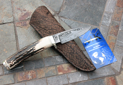 William "Bill" Miller Damascus Small Game Skinner w/ Sambar Stag