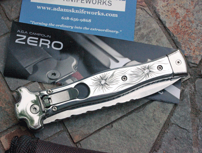 Custom Campolin/AIK ZERO Auto w/White Topaz and Engraved Handles